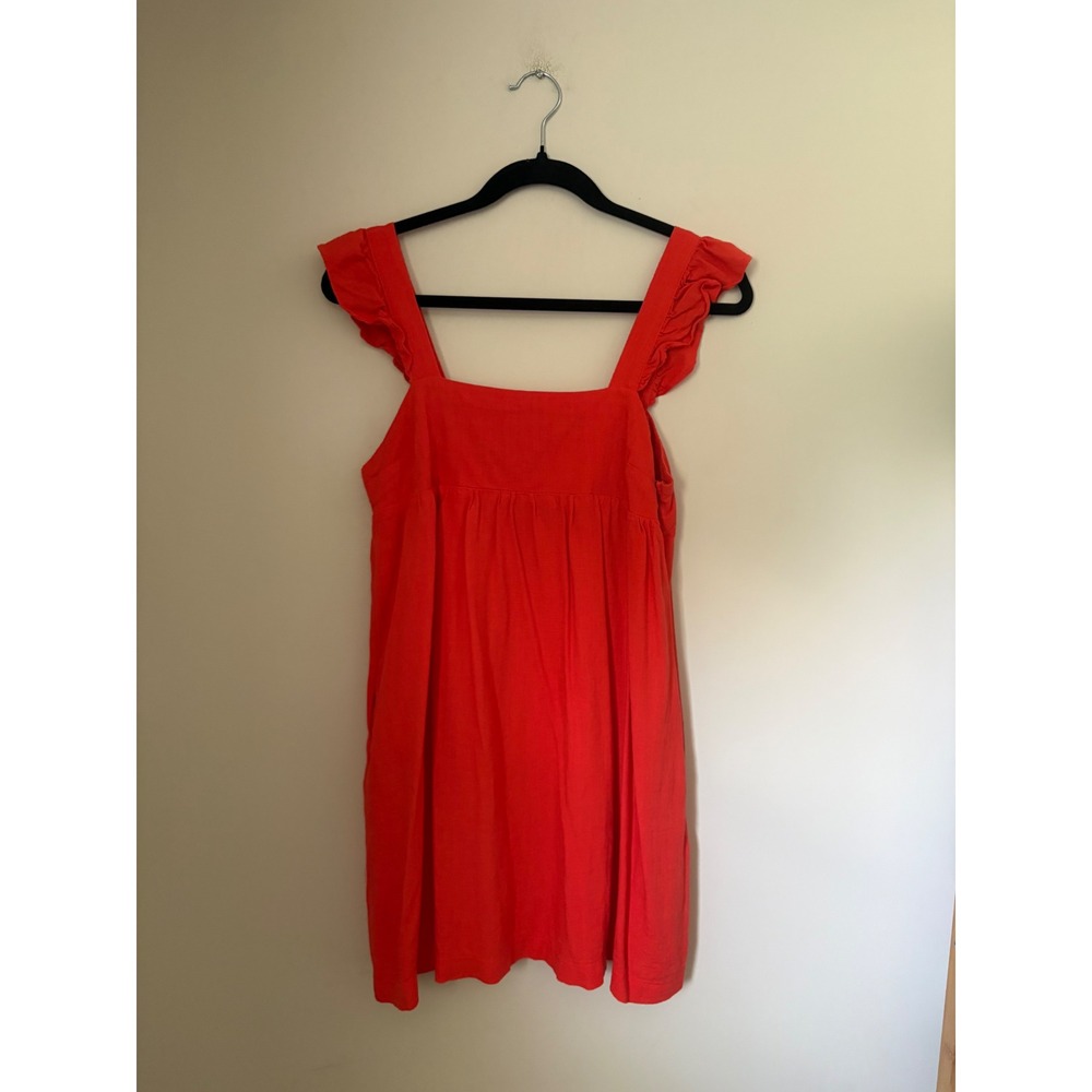 Loveriche Orange Red Ruffle Strap Linen Blend Babydoll Mini Dress Pockets Small